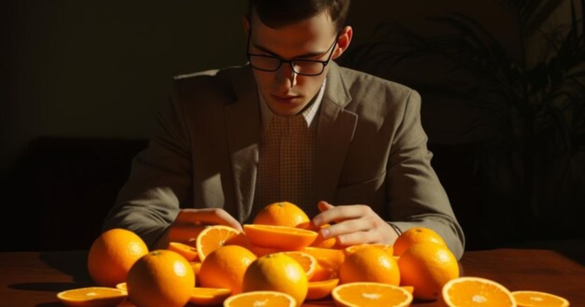 a man looking at oranges